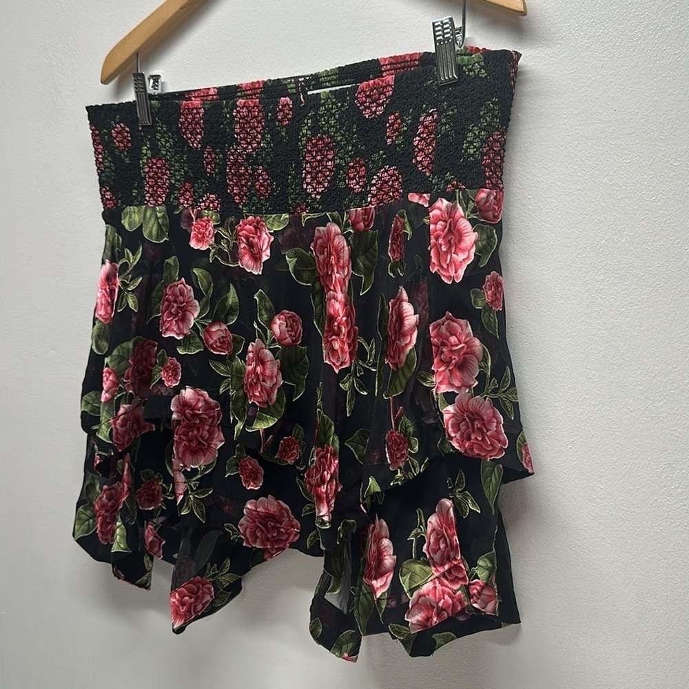 Alice + Olivia Zarya Mini Skirt Asymmetrical Smocked Floral Flowers Black Pink 8 - Picture 4 of 7